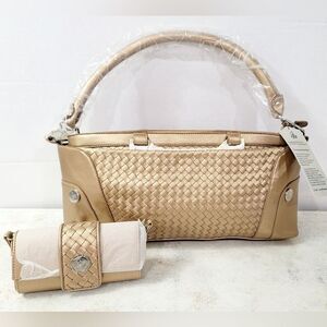 Joy Mangano Metallic Gold Designer Woven Bag + Mini Bag Convertible NWT